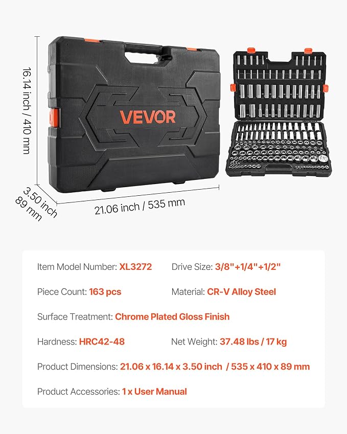 VEVOR Socket Set, 163 Pieces, 3/8 & 1/4 & 1/2 inch Drive Socket Tool Set, SAE and Metric, Deep and Standard, Mechanic Tool Kit with Storage Case, Chrome Plated CR-V Alloy Steel, for Automotive Repair