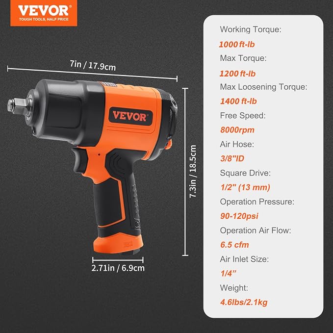 VEVOR 1/2-Inch Air Impact Wrench - High Torque 1400 ft-lbs - Lightweight 4.6 lb - Includes 11-Piece CR-V Steel Impact Socket Set & Carrying Case | For Automotive Repair and Tire Removal, Lightweight 4.6 lbs, Includes 11-Piece CR-V Steel Impact Socket S...