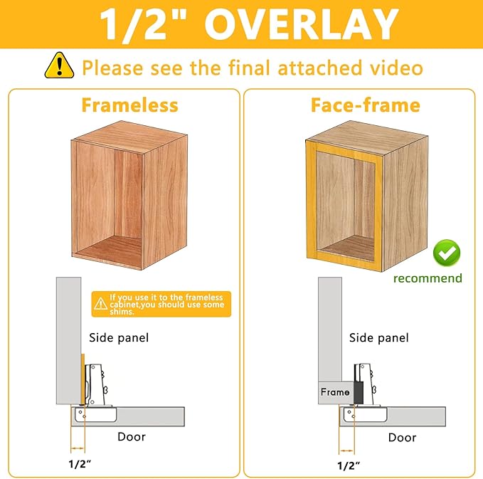 60 Pack Soft Close Cabinet Door Hinges for 1/2" Partial Overlay Cupboard, 100 Degree Opening Angel, Stainless Concealed Kitchen Cabinet Hinges with Mounting Screws and Manual