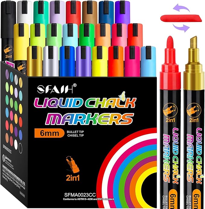 SFAIH 24 Vibrant Chalk Markers for Blackboard Glass [1s Wet Wipe, No Residue] 6mm Chalk Marker for Chalkboard Calendar, Graduation Car Window, Menus, Labels, Signs, Non-Toxic, Ideal for Bistro Home