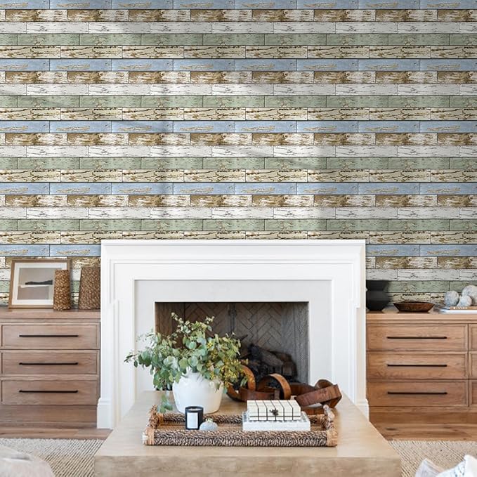COMSTICKC Peel and Stick Faux Wood Wall Panels Shiplap Blue-Green, 10 Pcs of 12" x 12", Not Real Wood, Thin PVC 3D Fake Wood Self-Adhesive Wall Covering Wallpaper for Interior Farmhouse Decor