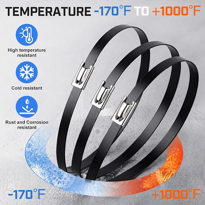 Heavy Duty Metal Zip Ties 100 Pack - 11.8 Inch 304 Stainless Steel Black Cable Ties with 200 LBS Tensile Strength, Multi-Purpose Wire Ties for Exhaust Wrap, Fence, Canopy, Pipes, Outdoor Use