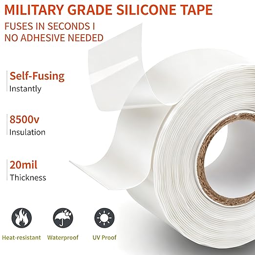 Self Fusing Silicone Tape Waterproof, Rescue Tape, 1" x 33 Feet, Self Amalgamating Tape, Silicone Rubber for Sealing Pipes, Hose Repair, Outdoor Coax and Electrical Cables (White)
