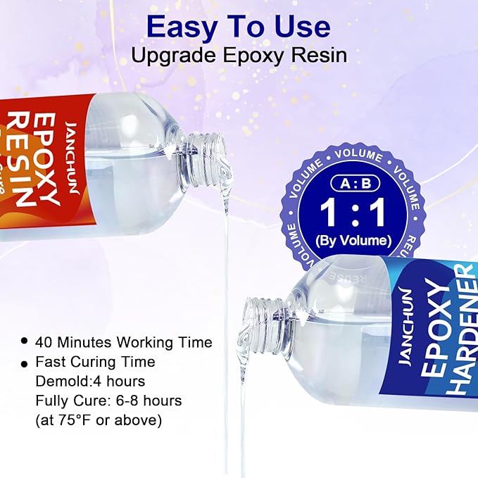 JANCHUN Crystal Clear Epoxy Resin Kit 32OZ, Bubble-Free, Anti-Yellowing, Self Leveling Easy Mix 1:1 Coating and Casting Resin for Table Top, Molds, Tumbler Crafts, Painting, Jewelry, DIY Gifts