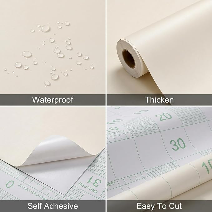 FUKU MON 24"x394" Beige Peel and Stick Wallpaper Matte Beige Cream Contact Paper Solid Beige Wall Paper Self-Adhesive Thick Vinyl Removable Texture Cream Wallpaper for Cabinets Wall Decoration