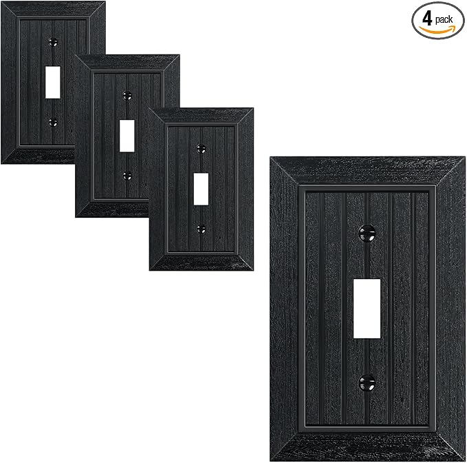 4-Pack Classic Beadboard Single Toggle Light Switch Cover Plate, Unbreakable Polycarbonate Decorative Switch Plate Covers, Matte Black 1 Gang Wall Plate