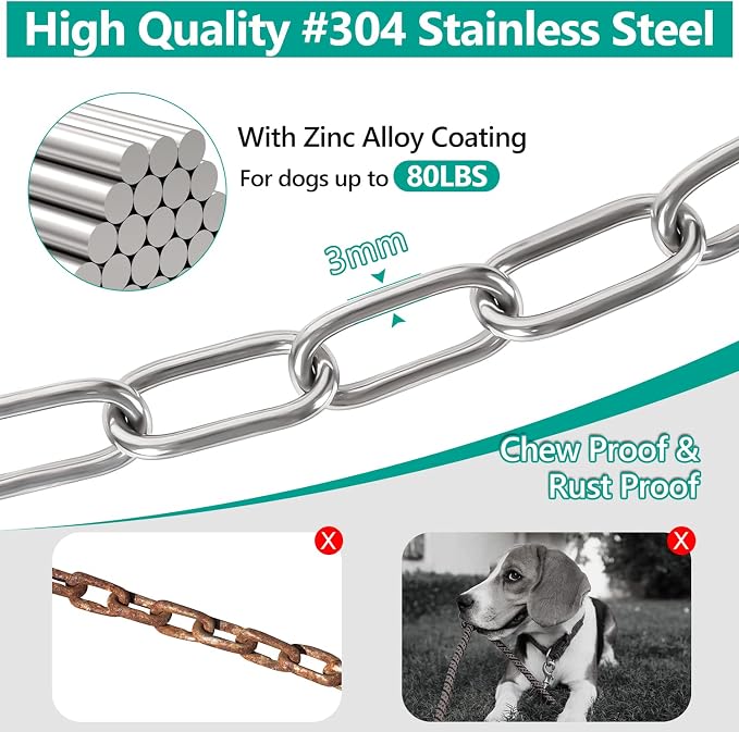 Tresbro Heavy Duty Dog Chains for Outside, 25FT Stainless Steel Tie Out Cable with Swivel Hook for Small Medium Dogs, Metal Chew Proof Pet Runner Chain Leash Lead for Outdoor Camping Hiking Yard, 3MM