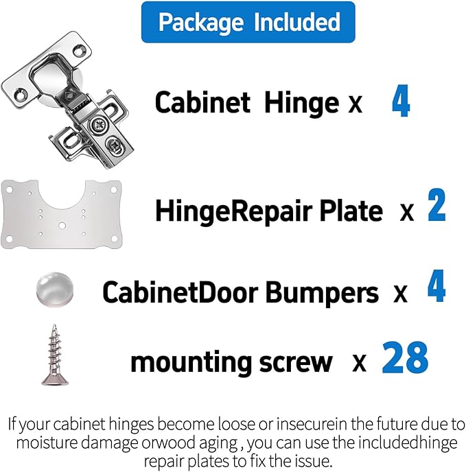 Cabinet Hinges - 4 Pack for 1/2 inch Overlay Cabinet, Face Frame Concealed 105Deg Self Closing Hinges, Stainless Soft Close Cabinet Door Hinges with Mounting Screws and Repair Plate