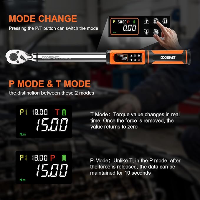 coobeast 1/2 Drive Digital Torque Wrench(3.76-250.8 Ft.lbs./5.1-340Nm) | Preset Value Torque Wrench with ±2% accuracy, Buzzer and LED Flash Five Units of Measure for Motorcycle, Auto Repair