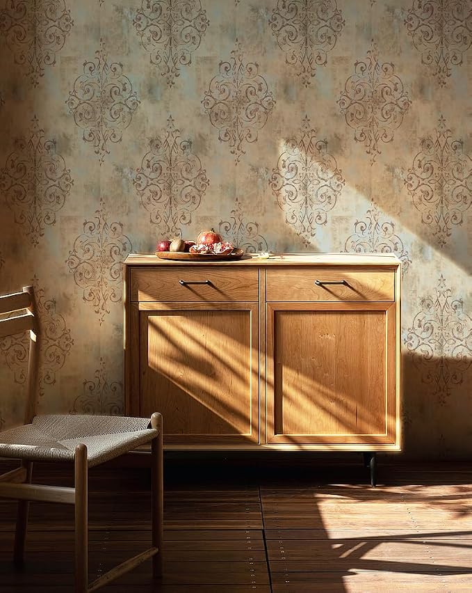 HAOKHOME Vintage French Damask Peel and Stick Wallpaper Deep Yellow/Mist Blue/Brown Vinyl Self Adhesive Wall Paper Design for Walls Bathroom Bedroom Home Decor 17.7in x 32.8ft