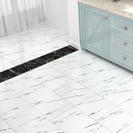 WESTICK 20 Tiles White Marble Floor Tile Bathroom Vinyl Tiles Peel and Stick Floor Waterproof Marble Vinyl Flooring Tile Removable Sticky Tile for Kitchen Bedroom Living Room Grey White 12" x 12"