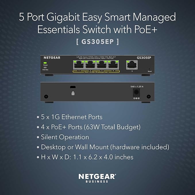 NETGEAR 5 Port PoE Gigabit Ethernet Easy Smart Managed Essentials Switch (GS305EP) - with 4 x PoE+ @ 63W, Desktop or Wall Mount
