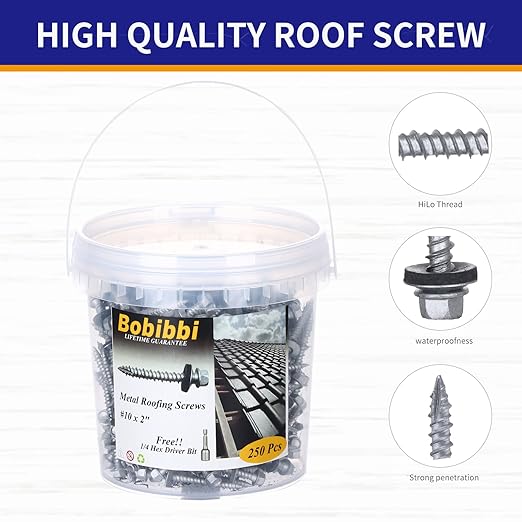 Metal Roofing Screws 10 x 2 inch, Hex Head Sheet Metal Roof Screw with EPDM Washer for Corrugated Roofing (250Pcs)