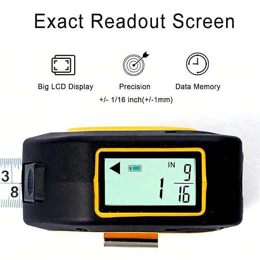 TLW Digital Tape Measure 16ft/5m, 25mm Wide Blade Retractable Measuring Tape with Easy Read LCD Screen, 9 Data Memory, 2-in-1 Auto Lock Metric and Imperial Units