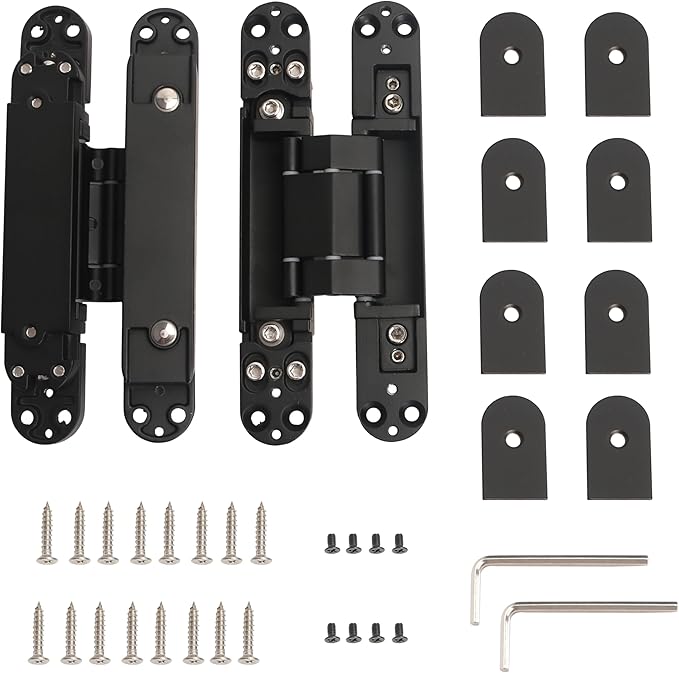 2-Pack 7 inch Black Hidden Door Hinges Heavy Duty, Zinc Alloy Invisible Hinges, Concealed 180 Degree Swing Hinge, 3 Way Adjustable Butt Hinge