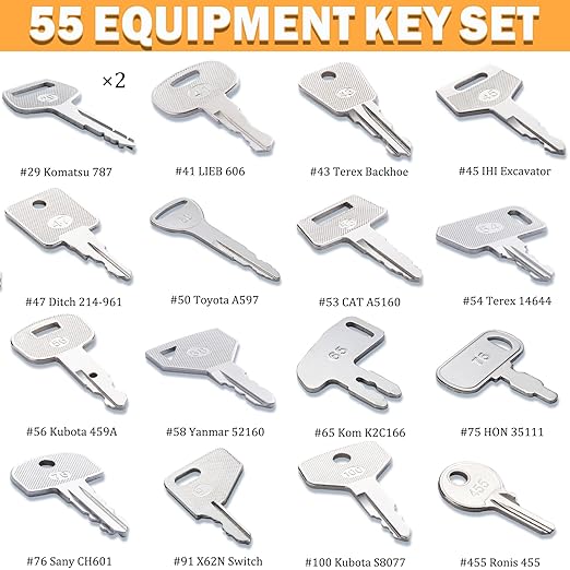 55 Heavy Equipment Keys Master Set Construction Equipment Manufactures Machinery Ignition Key for CAT Caterpillar JCB Komatsu John Deere Volvo Takeuchi Hitachi Kubota Case New Holland Hyster Yanmar