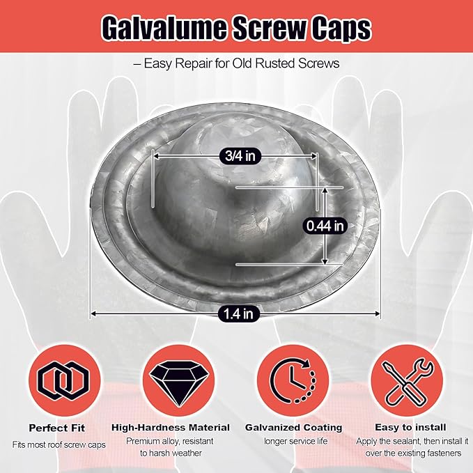 500 Pack Galvalume Metal Roof Screw Caps, Rustproof & Waterproof Screw Covers caps, Seal Existing Screw Heads to Stop Leaks, UV Resistant Roofing Caps for Metal Roof & Outdoor Projects (with Gloves)