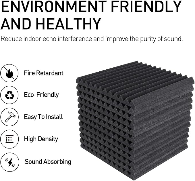 Focusound 24 Pack Grey Acoustic Foam Panels 1" x 12" x 12" Sound Proof Foam Panles Soundproofing Noise Cancelling Wedge Panels for Home Office Recoding Studio with 240PCS Double-Side Adhesive