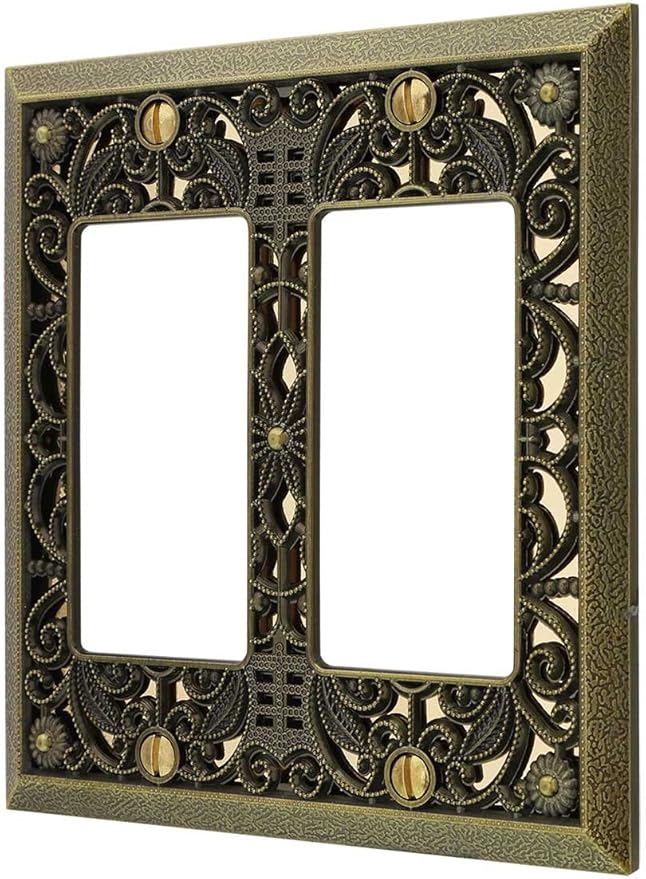 Amerelle 65RRAB Filigree Wallplate, 2 Rocker, Cast Metal, Antique Brass, 1-Pack