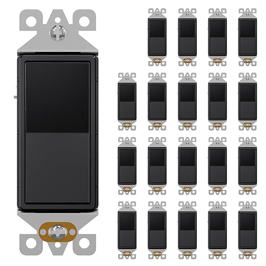 AIDA Single Pole Rocker Decorator Light Switch, 15 Amp Self-grounding Electrical Light Switches, Residential Grade, UL Listed (20 Pack, Glossy Black)