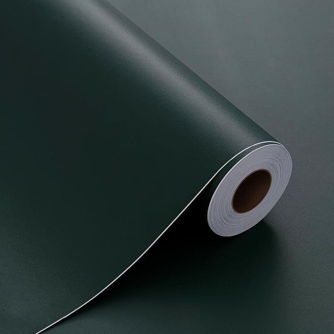 FUKU MON 24"x394" Vintage Green Wallpaper Peel and Stick Dark Green Contact Paper Matte Solid Textured Self Adhesive Removable Thick Vinyl Film Roll for Cabinets Bedroom Wall Decoration