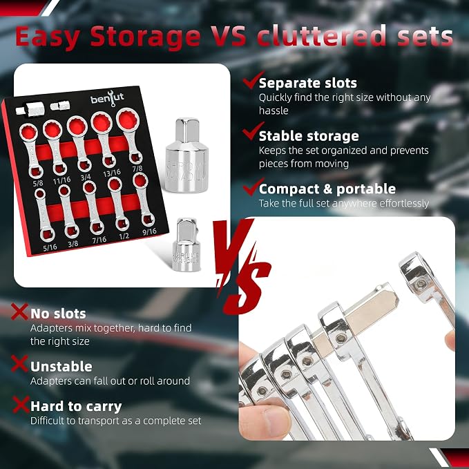12PCS Torque Adapter Set SAE, 5/16", 3/8", 7/16", 1/2", 9/16", 5/8", 11/16", 3/4", 13/16", 7/8" Torque Wrench Extension Adapter, 3/8" Drive, 12 Point Box End, with 1/2" & 1/4" Adapters
