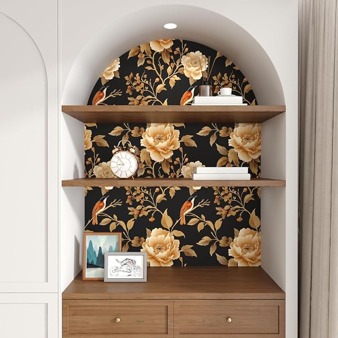 Laatse Vintage Floral Bird Wallpaper Peel and Stick Boho Wallpaper 17.5in x393in Black/Golden Floral Wall Mural Waterproof Self-Adhesive Modern Wall Paper for Bedroom Kitchen Cabinet Drawer Decor