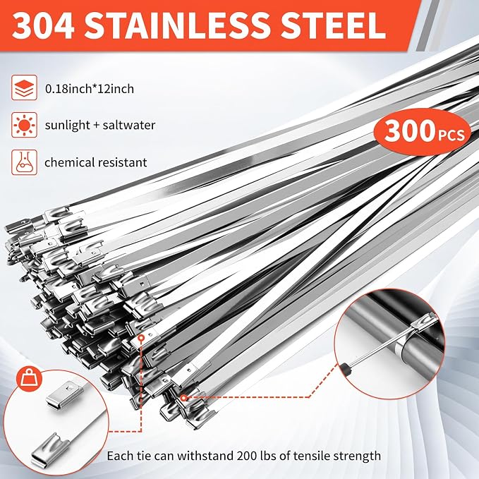 Metal Zip Ties Gun Kit, Stainless Steel Tie Wrap Gun with 300 Metal Cable Ties & Industrial Scissors, Self-Locking Metal Wire Ties for Chainlink Fence Electrical Cable Fastening and Cutting