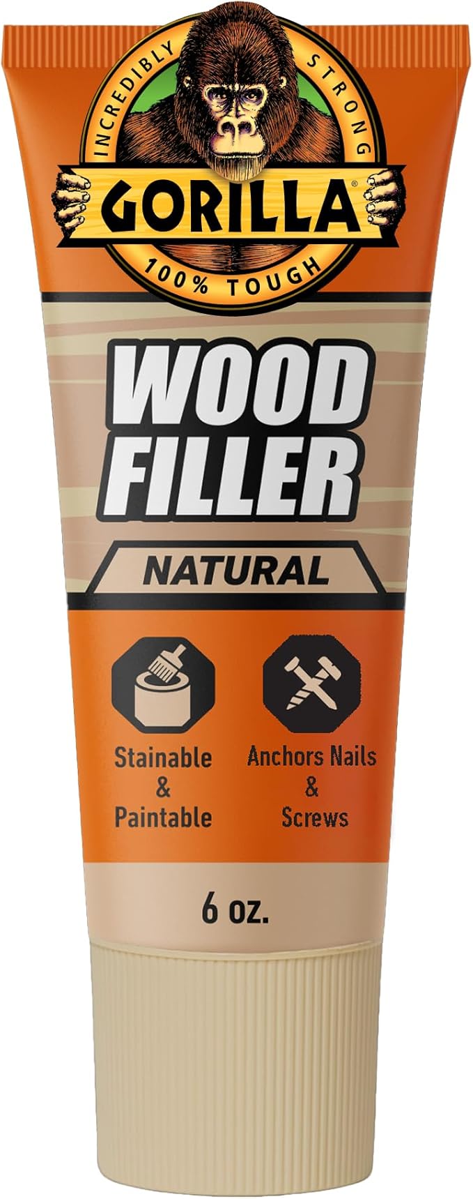 Gorilla All Purpose Wood Filler, Natural Color, 6 Ounce Tube (Pack of 1) - Water Resistant for Indoor or Outdoor Projects and Repairs