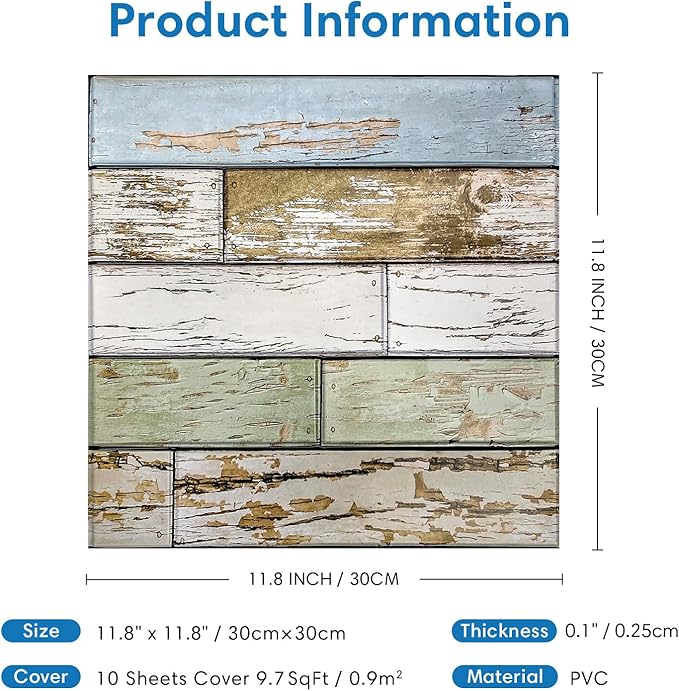 COMSTICKC Peel and Stick Faux Wood Wall Panels Shiplap Blue-Green, 10 Pcs of 12" x 12", Not Real Wood, Thin PVC 3D Fake Wood Self-Adhesive Wall Covering Wallpaper for Interior Farmhouse Decor
