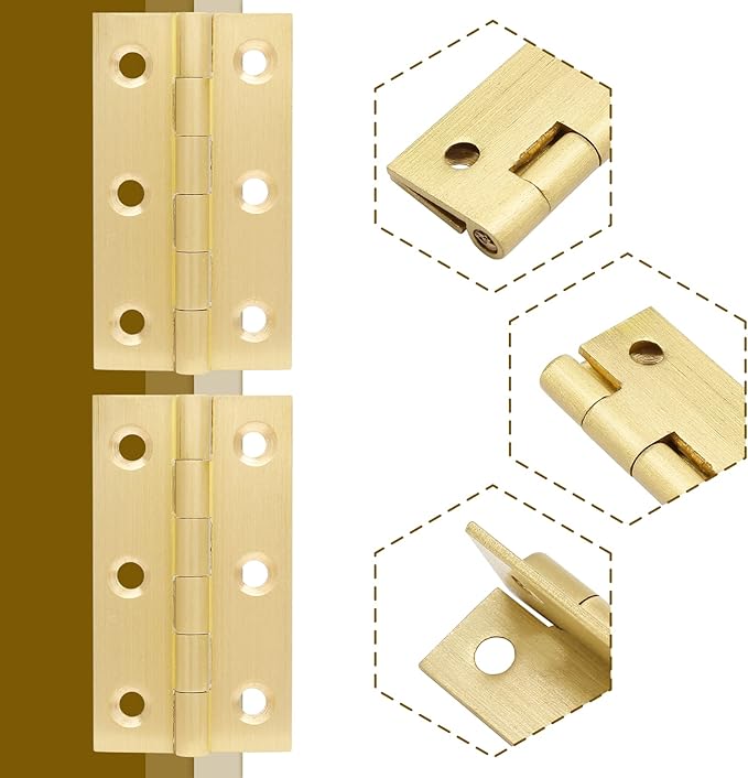 8pcs 2.5 Inch Brass Hinges, Mini Butt Hinge for Cabinet Door, Box, Jewelry, Wooden Box, Small Cupboard Furniture (Gold)