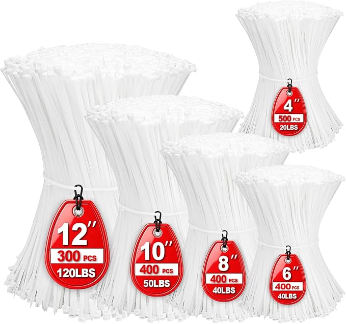 Zip Ties,2000 Piece Self-Locking Nylon White Cable Ties,Assorted Sizes 4+6+8+10+12-Inch,Multi-Purpose Wire Management Plastic Ties,Perfect for Home,Garden,Office,Travel and Workshop.