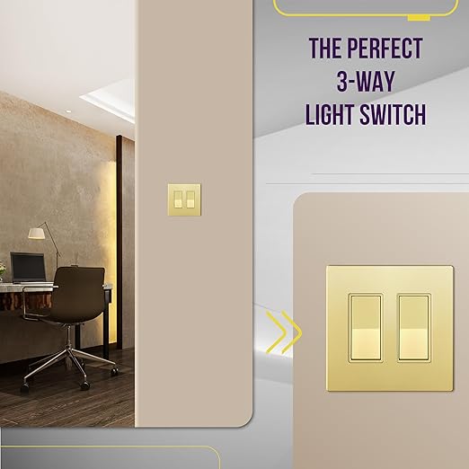 ENERLITES 3-Way Decorator Paddle Light Switch, Gloss Finish, Single Pole or Three Way, 3 Wire, Grounding Screw, Residential Grade, 15A 120V/277V, UL Listed, 93150-GD2P, Gold Color (2 Pack)