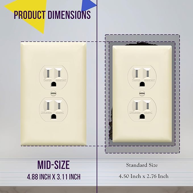 ENERLITES Duplex Receptacle Outlet Wall Plate, Gloss Finish, Midway Size 1-Gang 4.88" x 3.11", Unbreakable Polycarbonate Thermoplastic, UL Listed, 8821M-LA-10PCS, Light Almond, 10 Pack