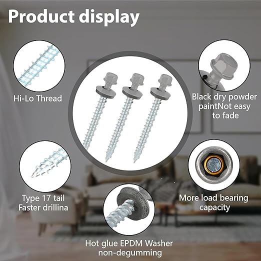 Metal Roofing Screws 10 x 2 inch, Gray Hex Head Sheet Metal Roof Screw with EPDM Washer for Corrugated Roofing (250Pcs)