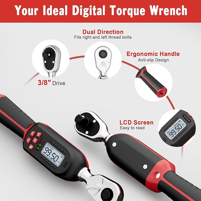 VANPO Digital Torque Wrench 3/8-Inch Drive, 5-99.5 ft-lb, for Motorcycle | 6.8-135Nm, ±2% Accuracy, Electronic Torque Wrench with Preset Value, Buzzer and LED Notification for Automotive & Bicycle