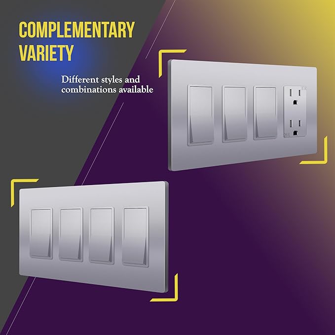 ENERLITES Elite Series Screwless Decorator Wall Plate Child Safe Outlet Cover, Gloss Finish, Size 4-Gang 4.68" H x 8.30" L, Unbreakable Polycarbonate Thermoplastic, SI8834-SV, Silver