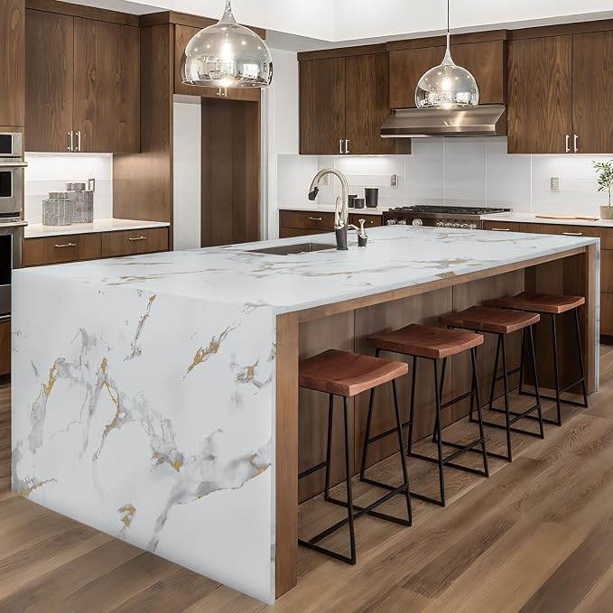 practicalWs Glossy Marble Wallpaper Peel and Stick White/Gold Granite Contact Paper Removable Wall Paper for Kitchen Countertop Cabinet Furniture 23.6" x 118"