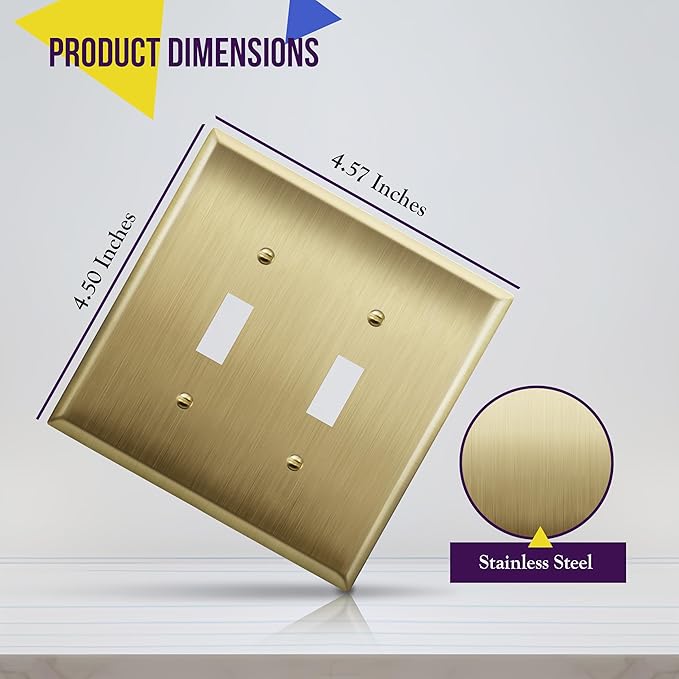 ENERLITES Toggle Light Switch Metal Wall Plate, Stainless Steel 201, Corrosion Resistant, Size 2-Gang 4.50" x 4.57", 7712-BB, Brushed Brass, Gold