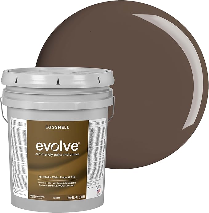 EVOLVE Interior Paint & Primer, Eggshell (Espresso), 5 Gallon – One-Coat Coverage, Excellent Hide, Low VOC, Low Odor, Washable Paint for Walls, Doors & Trim