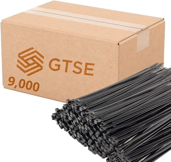 GTSE 12 Inch Black Zip Ties, 9,000 Bulk Contractors Pack, 50lb Strength, UV Resistant Long Nylon Cable Ties, Self-Locking 12" Tie Wraps, Full Carton