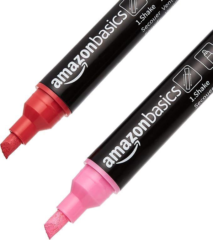 Amazon Basics Bullet/Chisel Reversible Tip Liquid Chalk Markers, Erasable, Washable, Water-Based, Bold Point, 8-Pack, Bright Colors