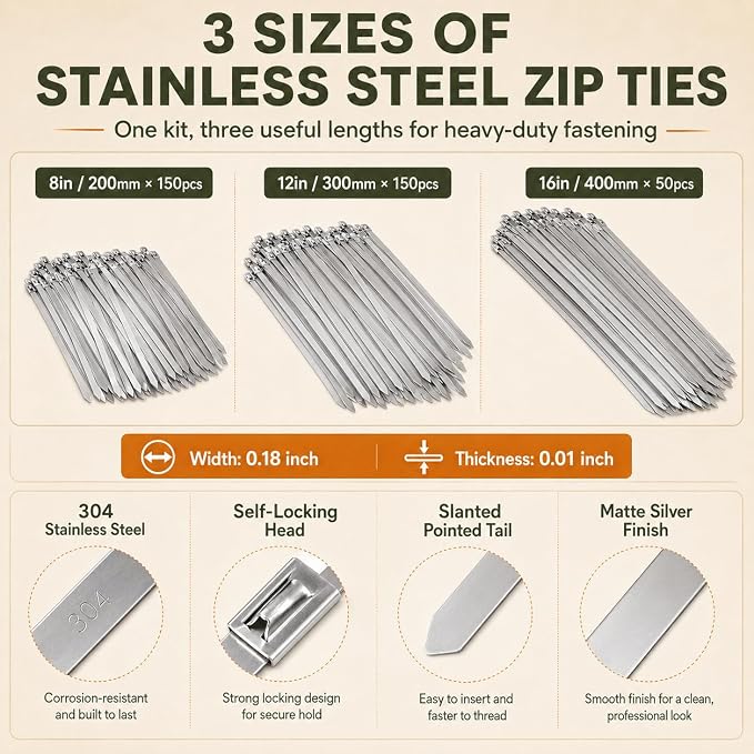 350Pcs Metal Zip Ties Gun Kit, Silver 8/12/16in Stainless Steel Zip Ties, Heavy Duty Cable Tie Fastening Cutting Tool Set with Organizer, Gloves, Storage Bag for Fence, Exhaust Wrap