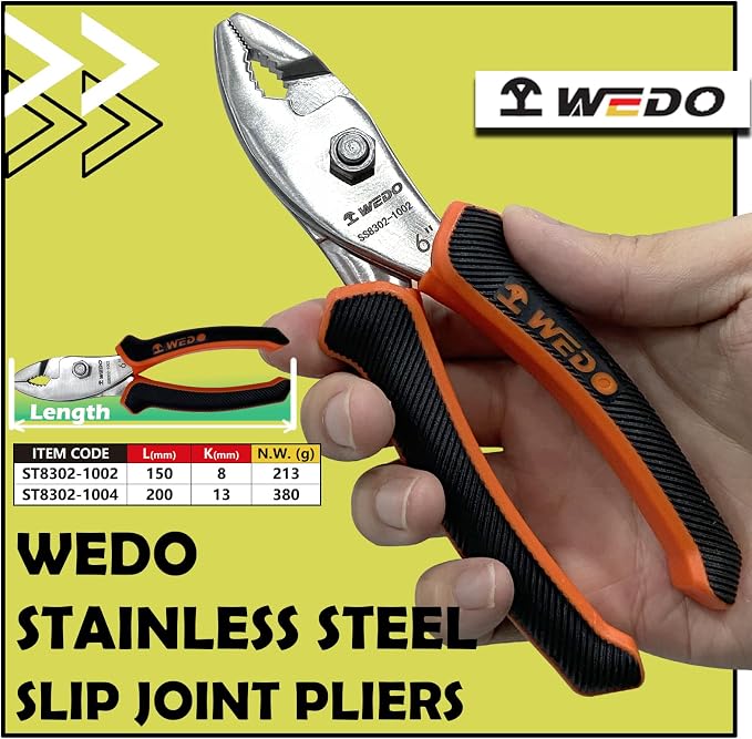 WEDO Slip Joint Pliers,Stainless Steel Combination Pliers,Wire Cutter with Anti-slippery Handle,Corrosion Resistant,Rust Proof,Surface without Chrome,Length 8"(200mm)