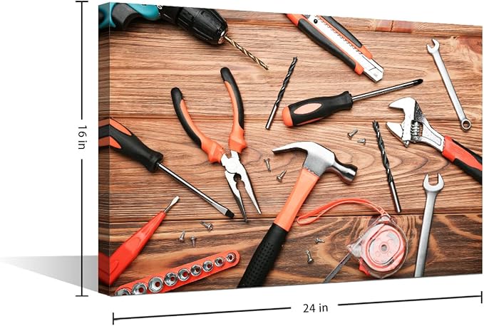 Wooden Table Old Tools Canvas Wall Art Background 1 Panels Tape Measure Pliers Artwork Frameds Modern Pictures for Office Meeting Room Study Decor Ready to Hang for Home Wall Decor ((16"Wx24"H)