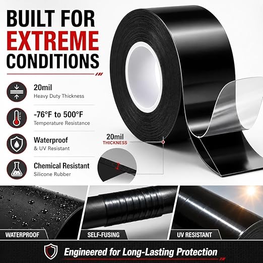 Self-Fusing Silicone Tape 1" x 33' x 20mil – Black Rubber Emergency Repair Tape – Waterproof, Heat-Resistant, Insulating, Chemical-Resistant, No Residue – for Automotive, Electrical & Outdoor Use