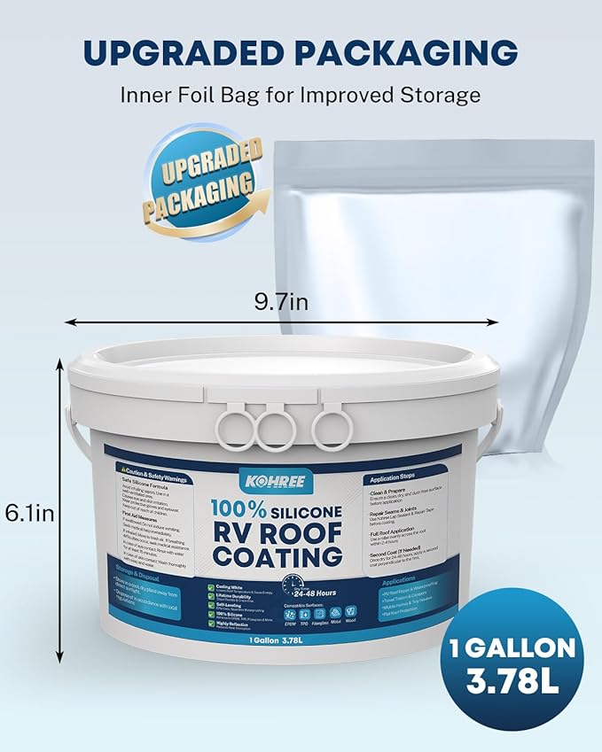 Kohree RV Roof Coating 1 Gallon, 100% Silicone RV Roof Sealant, No Primer Needed, Waterproof Solar Reflective Flexible RV Sealant for EPDM, TPO, Campers, Trailers, Leak Repairs, White