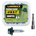LIONMAX Metal Roofing Screws #14 x 1 Inch, 300-PCS, Forest/Ivy Green Painted Hex Head Sheet Metal Screw with Rubber Washer, Sharp Point, for Roofing and Siding, Hex Socket Included