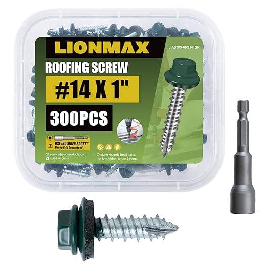 LIONMAX Metal Roofing Screws #14 x 1 Inch, 300-PCS, Forest/Ivy Green Painted Hex Head Sheet Metal Screw with Rubber Washer, Sharp Point, for Roofing and Siding, Hex Socket Included