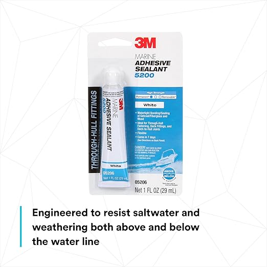 3M Marine Adhesive Sealant 5200 - Permanent Bonding and Sealing for Boats and RVs Above and Below the Waterline Waterproof Repair, White, 1 oz Tube